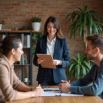 Femme en blazer discutant avec un couple dans un appartement moderne