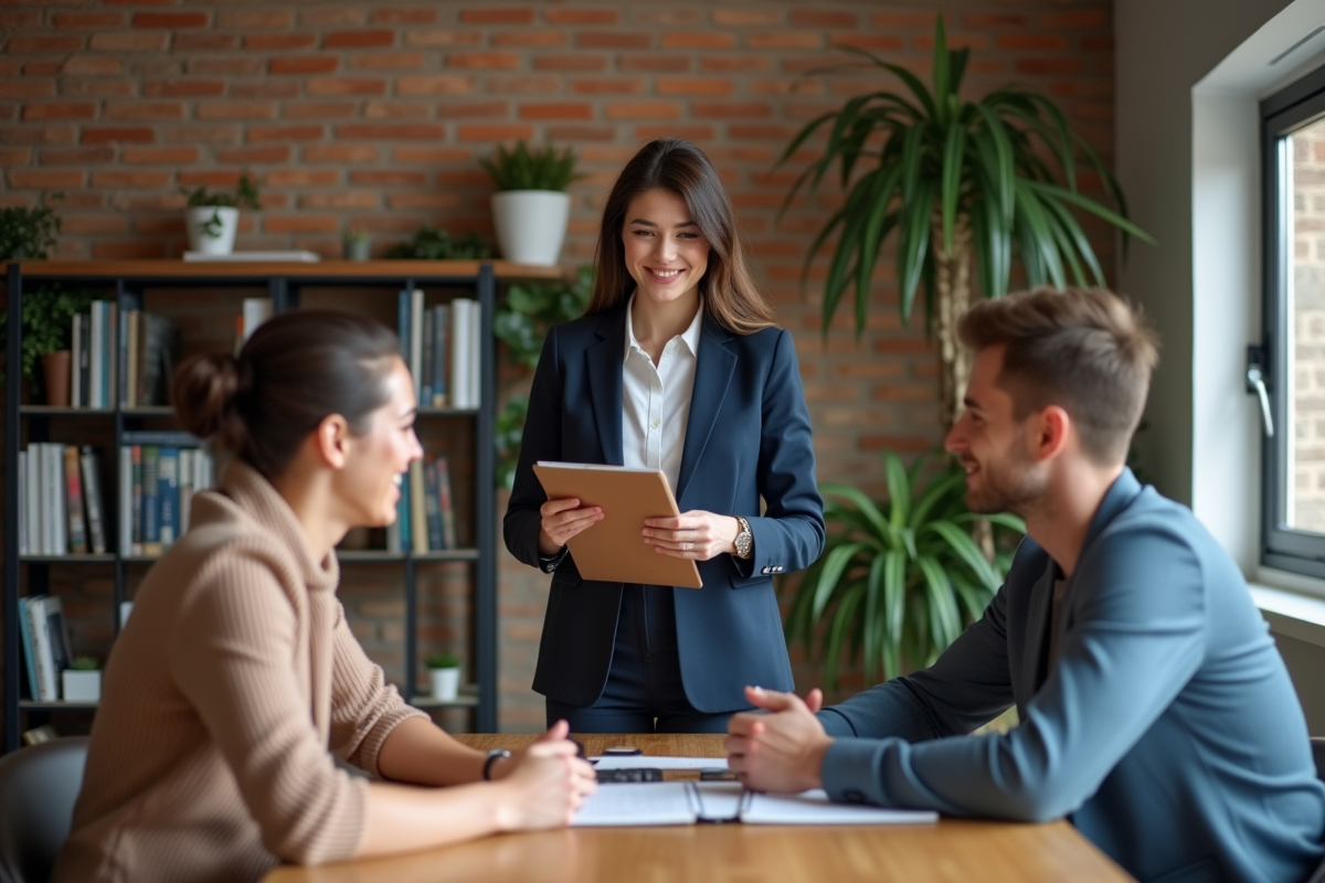 Femme en blazer discutant avec un couple dans un appartement moderne