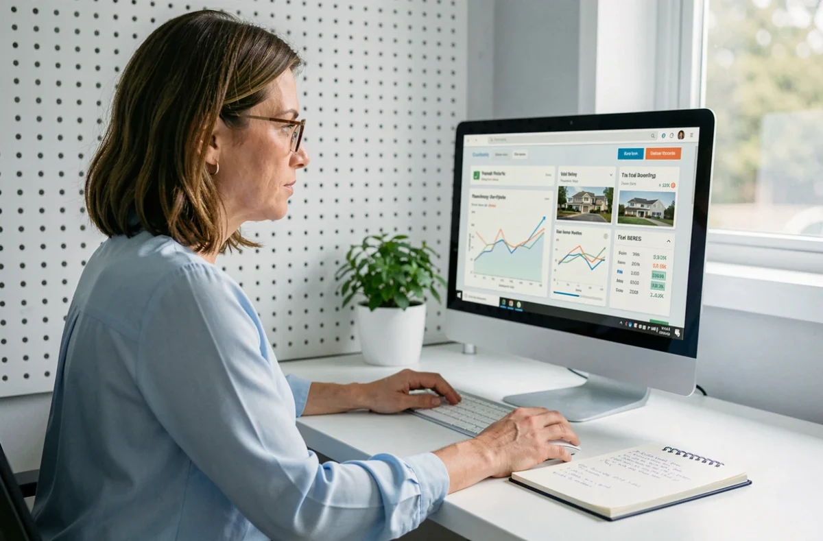 Femme utilisant un logiciel immobilier pour estimer et réduire les frais d'agence