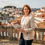 Femme expatriée tenant une brochure immobilière sur un belvédère de Porto avec vue panoramique sur les toits et le Douro