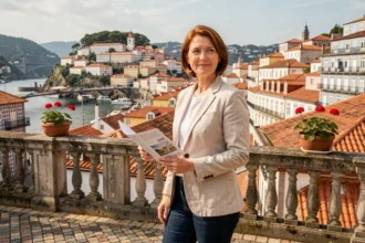 Femme expatriée tenant une brochure immobilière sur un belvédère de Porto avec vue panoramique sur les toits et le Douro