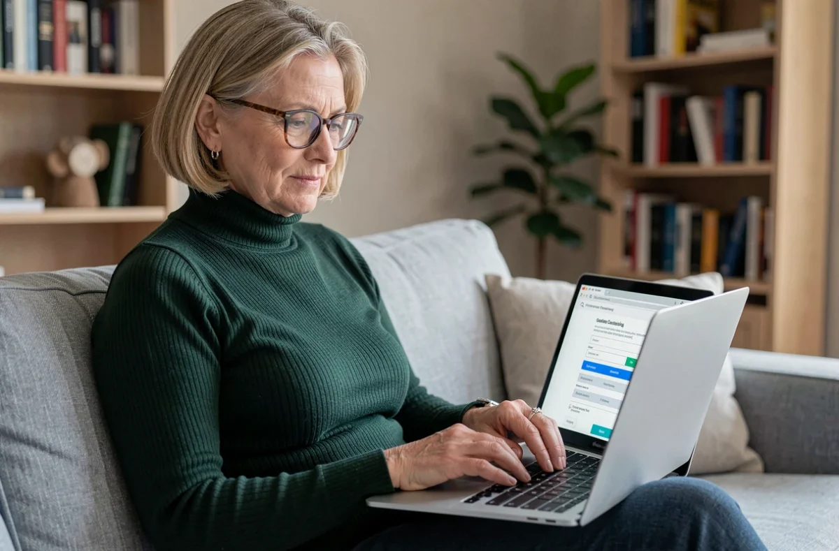 Femme utilisant un ordinateur portable pour remplir un formulaire de résiliation d'assurance habitation en ligne