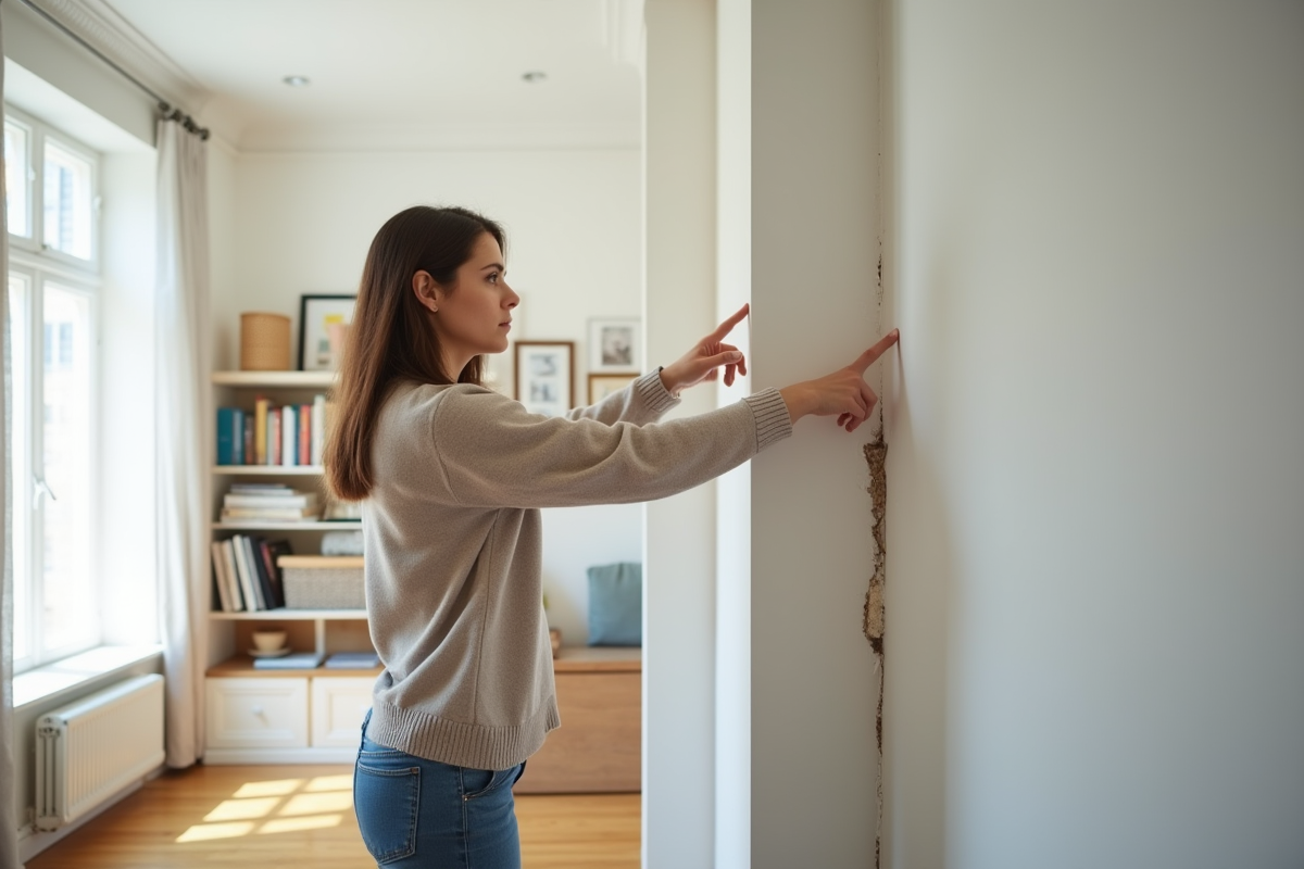 Jeune femme pointant un mur endommage dans son salon