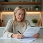 Femme d'âge moyen examinant des documents immobiliers dans une cuisine moderne