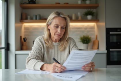 Femme d'âge moyen examinant des documents immobiliers dans une cuisine moderne