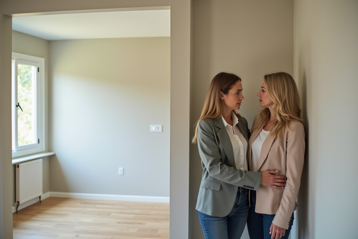 Femme et agent immobilier examinant un mur dans une maison neuve
