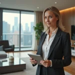 Femme d'affaires examinant des documents immobiliers