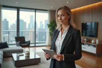 Femme d'affaires examinant des documents immobiliers