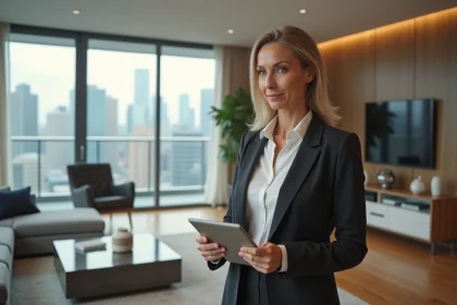 Femme d'affaires examinant des documents immobiliers