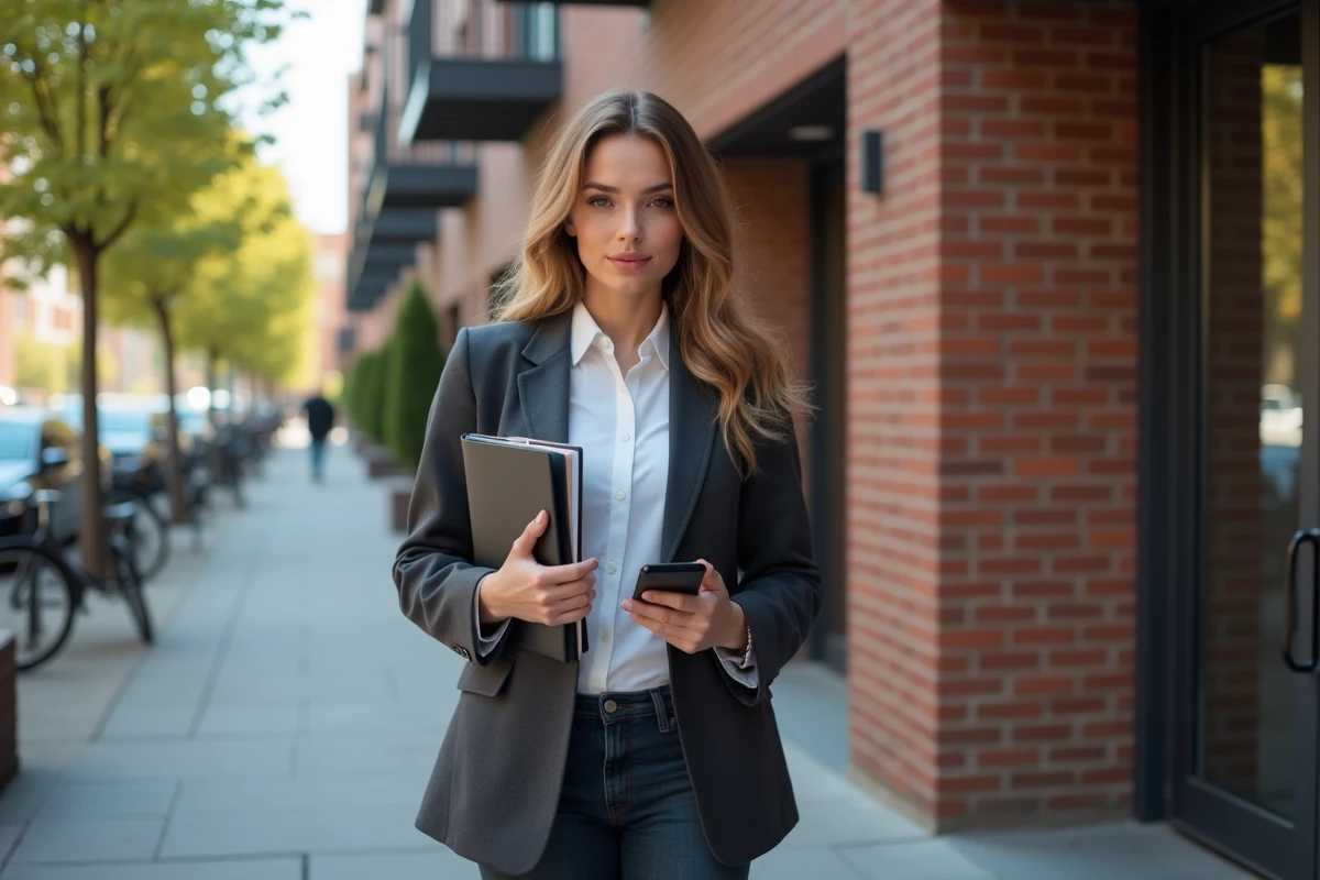 Jeune femme professionnelle devant un immeuble rénové en ville