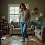 Femme inquiète dans un salon inondé avec meubles endommagés