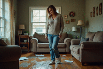Femme inquiète dans un salon inondé avec meubles endommagés