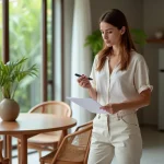 Jeune femme inspectant un appartement avec contrat et stylo