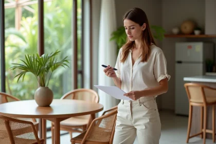 Jeune femme inspectant un appartement avec contrat et stylo