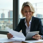 Femme d'affaires examine documents immobiliers dans un appartement moderne