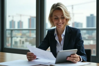 Femme d'affaires examine documents immobiliers dans un appartement moderne