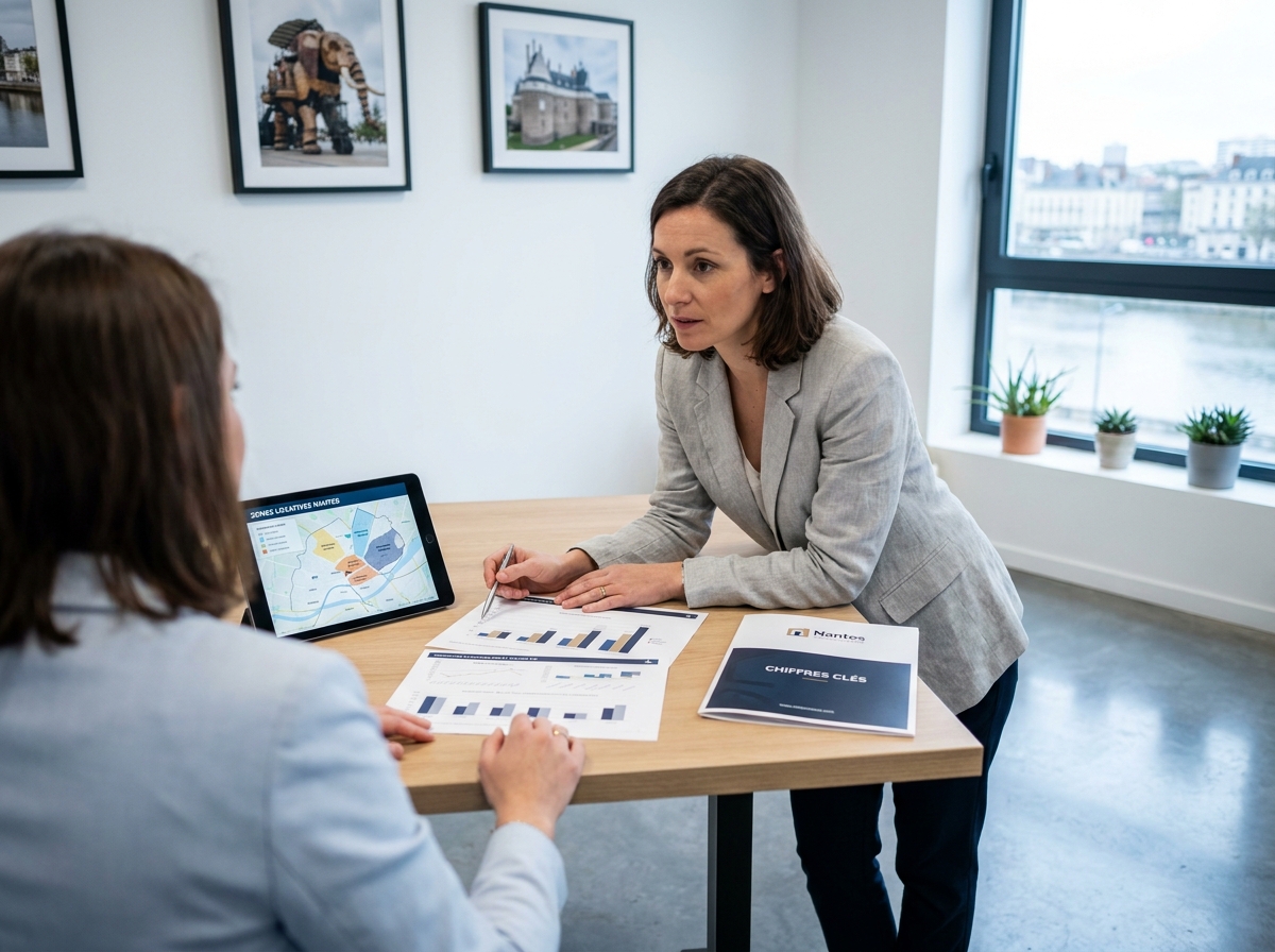 Femme investisseur en consultation avec un conseiller patrimonial spécialisé dans l'immobilier locatif à Nantes