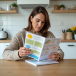 Femme d'âge moyen lisant une brochure d'assurance dans sa cuisine