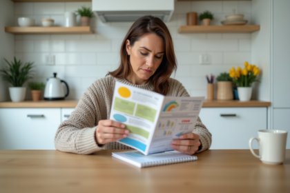 Femme d'âge moyen lisant une brochure d'assurance dans sa cuisine