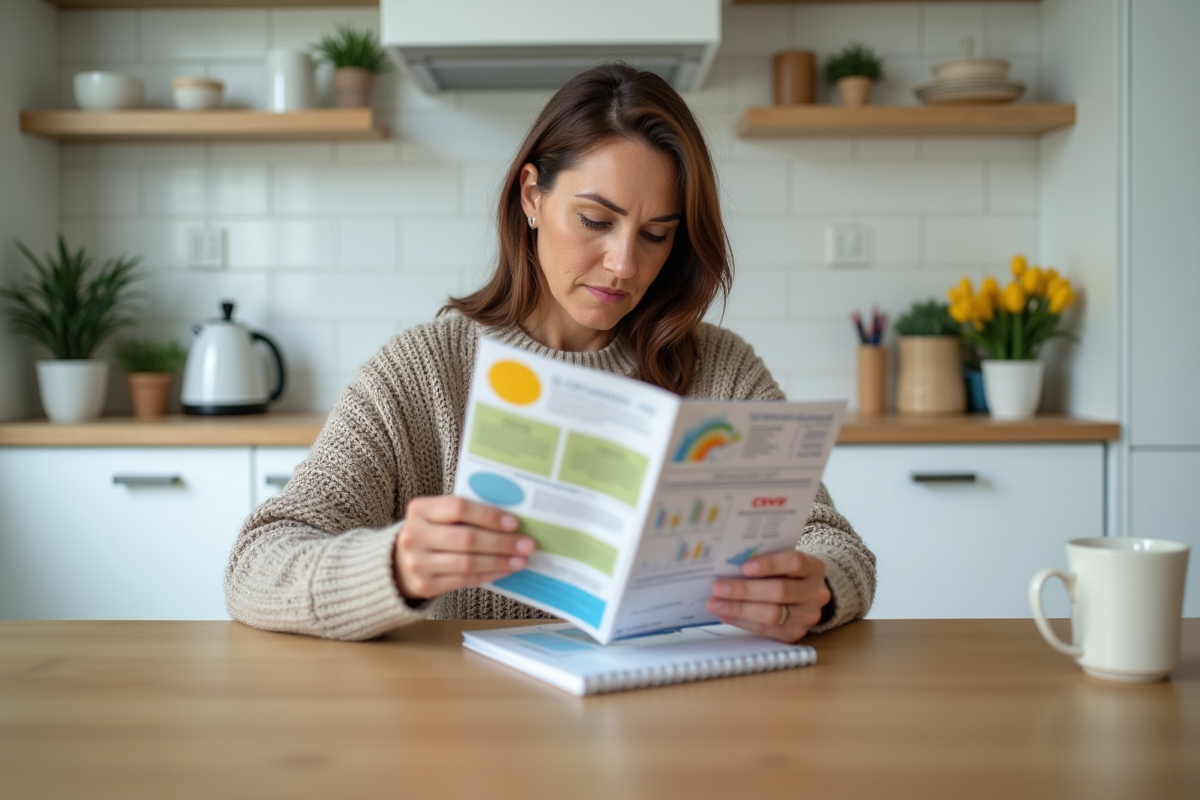 Femme d'âge moyen lisant une brochure d'assurance dans sa cuisine