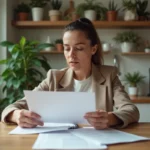 Femme lisant des documents de location dans un appartement lumineux