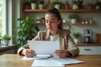 Femme lisant des documents de location dans un appartement lumineux