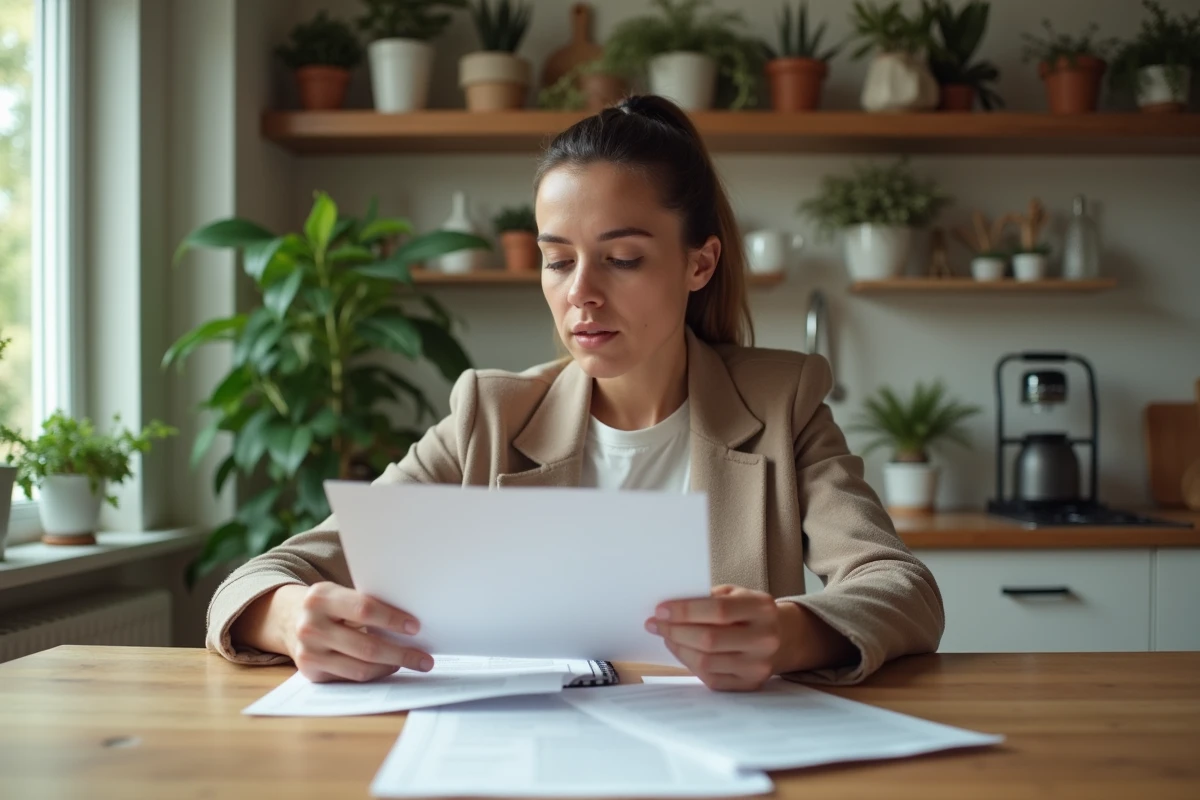 Femme lisant des documents de location dans un appartement lumineux