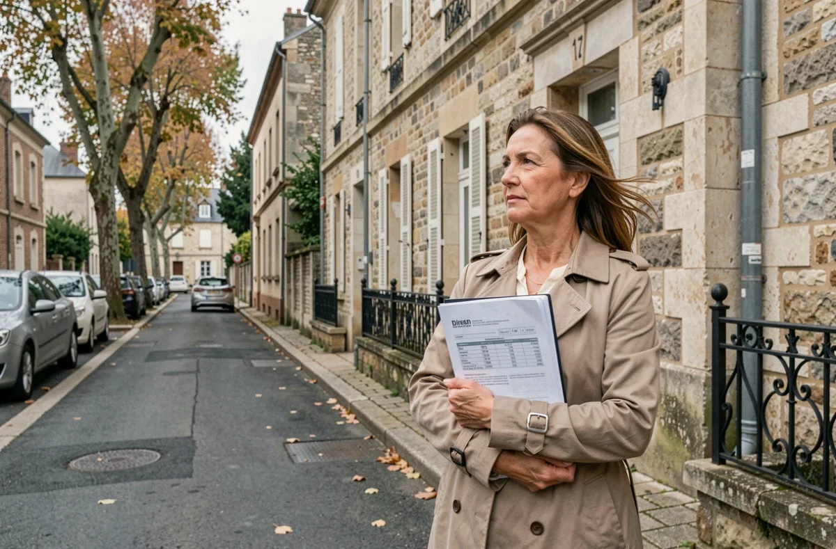 Femme devant une maison en pierre à Dreux tenant des documents d'assurance habitation