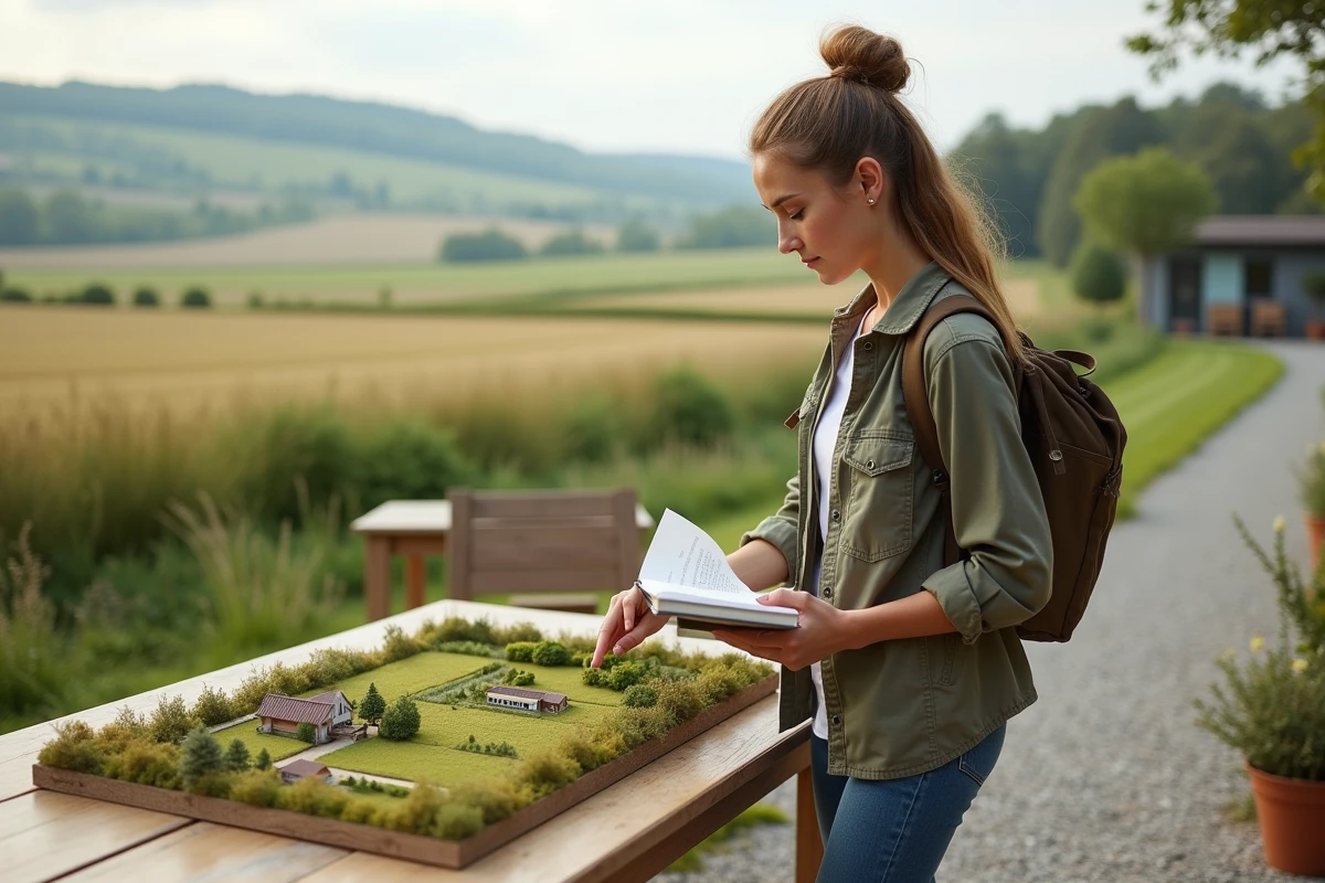 Jeune femme pointant un modèle de terrain avec carnet