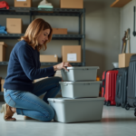 Femme organisant des boîtes dans un sous-sol propre
