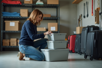 Femme organisant des boîtes dans un sous-sol propre