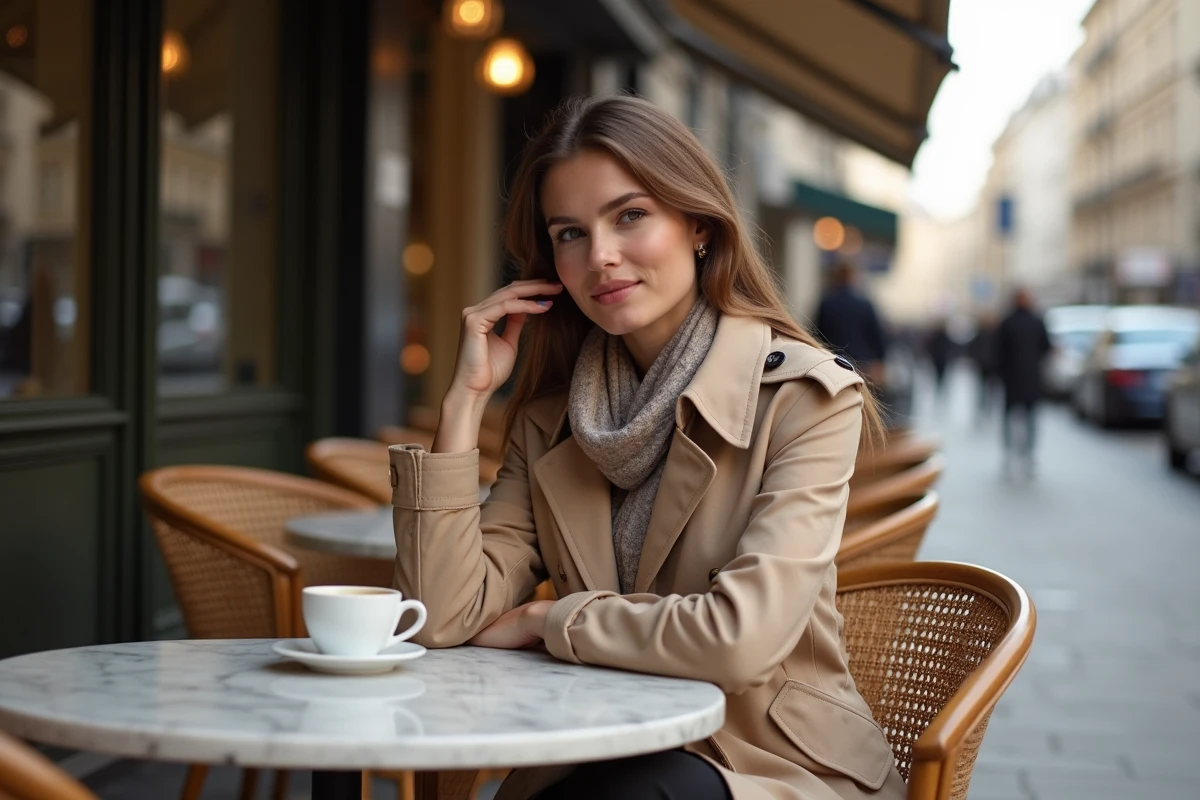Jeune femme en trench et foulard profite d’un café en terrasse à Paris