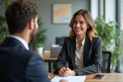 Femme en blazer discutant avec un banquier dans un bureau moderne