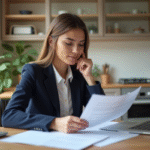 Femme d'affaires examine des documents de prêt à la maison