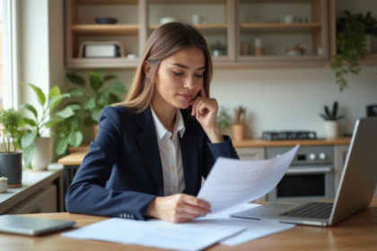 Femme d'affaires examine des documents de prêt à la maison