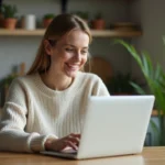 Femme souriante cherchant logement sur ordinateur dans cuisine chaleureuse