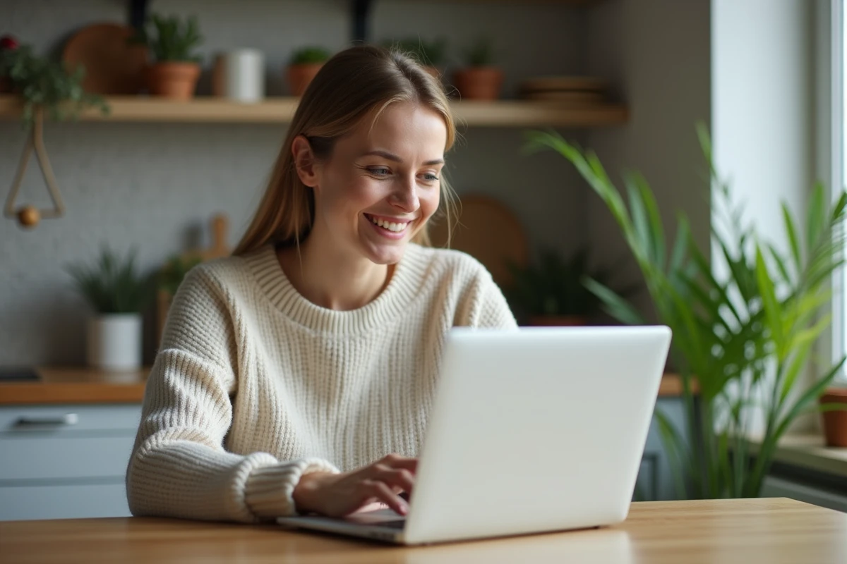 Femme souriante cherchant logement sur ordinateur dans cuisine chaleureuse