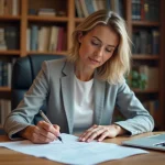 Femme professionnelle remplissant un formulaire de demande de certificat d'urbanisme opérationnel à son bureau