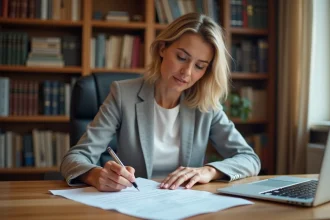 Femme professionnelle remplissant un formulaire de demande de certificat d'urbanisme opérationnel à son bureau