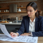 Femme professionnelle examine plans de rénovation dans un appartement parisien