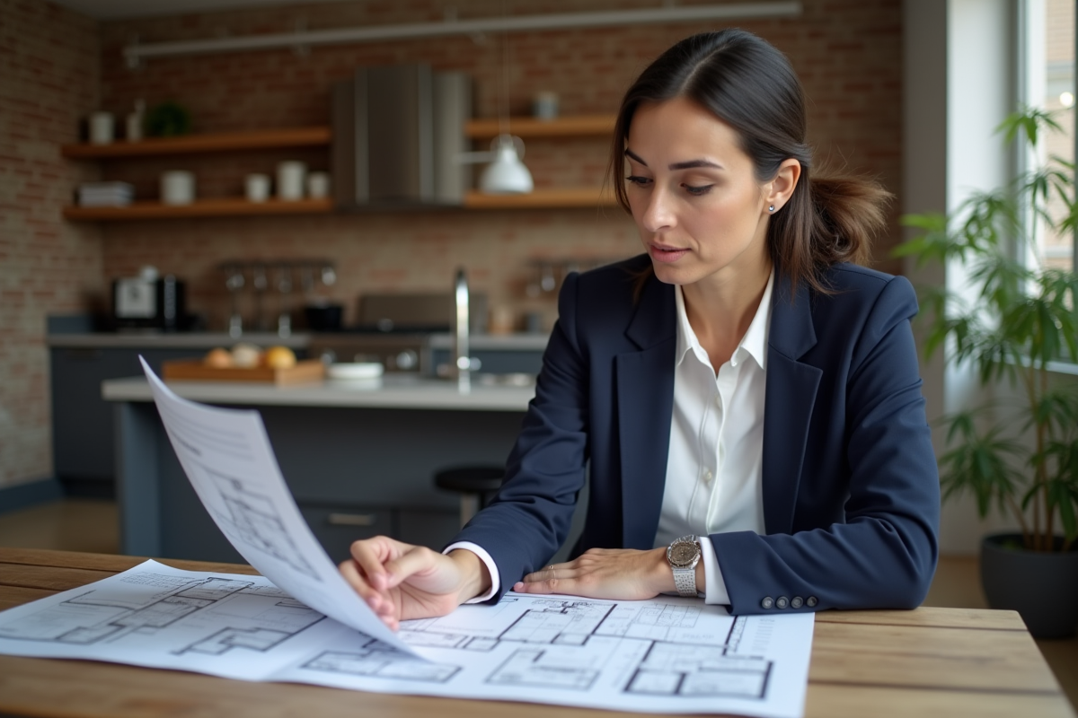 Femme professionnelle examine plans de rénovation dans un appartement parisien