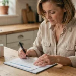 Femme lisant attentivement un document de résiliation d'assurance habitation à une table de cuisine en bois