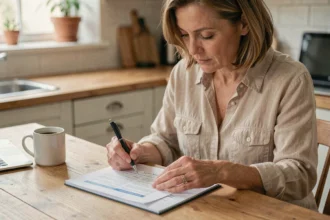 Femme lisant attentivement un document de résiliation d'assurance habitation à une table de cuisine en bois