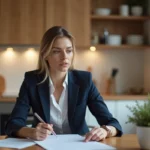 Femme en blazer et jeans examine des documents dans la cuisine