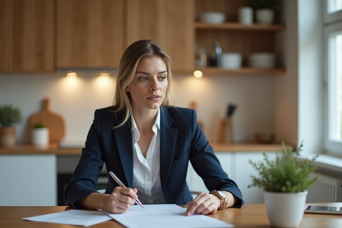 Femme en blazer et jeans examine des documents dans la cuisine