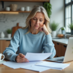 Femme en cuisine moderne examinant des documents