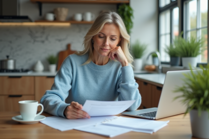 Femme en cuisine moderne examinant des documents