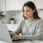 Femme souscrivant une assurance habitation en ligne avec sa carte bancaire sur un ordinateur portable dans une cuisine moderne