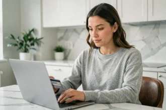 Femme souscrivant une assurance habitation en ligne avec sa carte bancaire sur un ordinateur portable dans une cuisine moderne