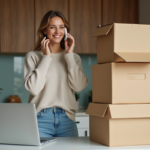 Femme souriante au téléphone près de cartons et ordinateur dans un appartement